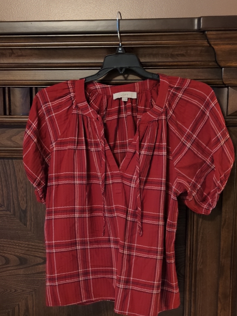 LOFT Red Plaid Tie-Neck Puff Sleeve Blouse